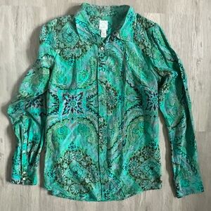 J. Crew Turquoise Green Printed Button-Up Blouse